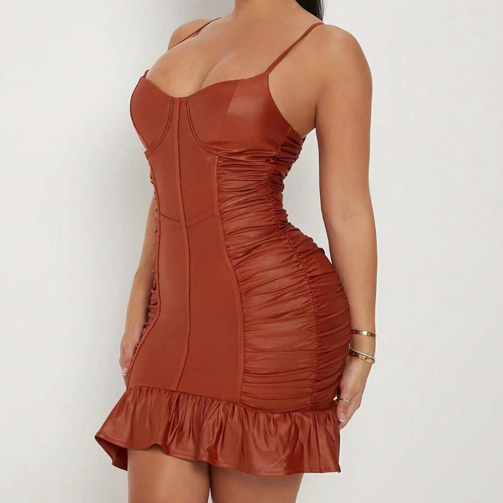 Sassy Ruffle Hem Ruched Bodycon Dress Rust Brown - Picture 4 of 4